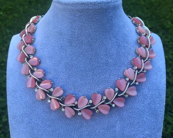 Vintage Mid Century Lisner Pink Hearts Lucite Thermoset Moonglow Choker Necklace Rockabilly Jewelry Pastel Valentine Sweetheart Gift As Is