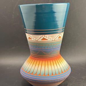 Vintage Polychrome Navajo Art Pottery Vase Native American Etchware Artist Sgraffito Signed Velcita Whitegoat Dine Culture