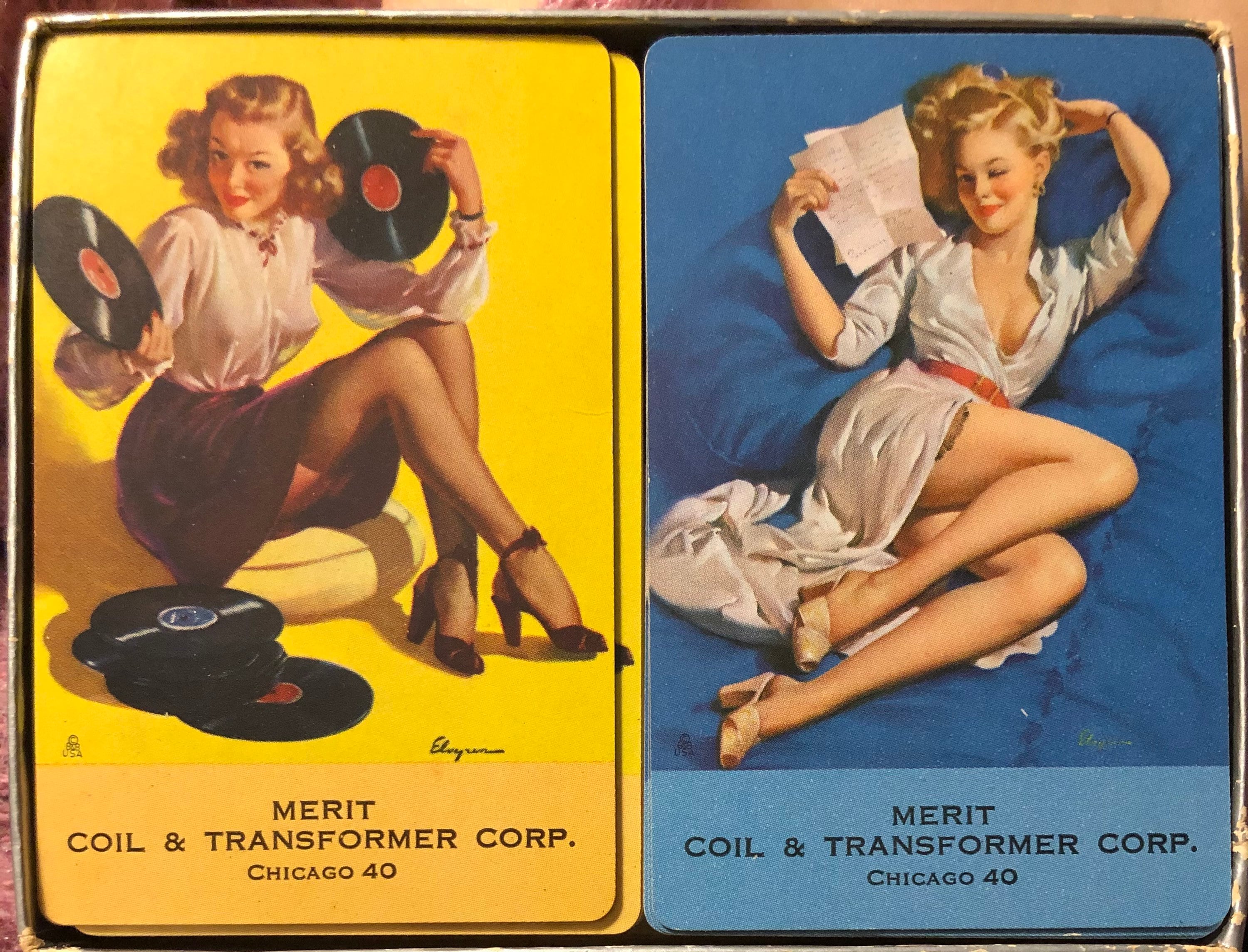 Vintage Gil Elvgren Pinup Girl Playing Cards Bridge Set Merit Fine Radio Parts Advertising Playing Cards TWO Decks Like New Org Box