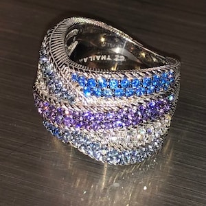 Vintage Judith Ripka Ring Wide Woven Multi Band Size 6 Purple and Blue Stones
