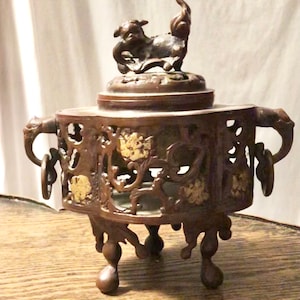 Antique Japanese Bronze Censer Incense Burner Made in Japan with Chop Marks Early 1900s  Japanese Foo Dog Lid