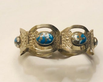 Vintage Mexican Turquoise White & Gold Stone Sterling Silver Panel Bracelet Hand Tooled Swirl Design Artist Hallmark Mexico 925 Small Size