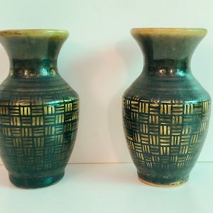 Pair of Small Vintage Thai Celadon Vases Lattice Like Design Matching Thailand Asian Decor