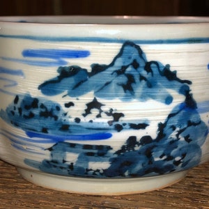 Vintage Chinese Bowl Blue and White Chinese Rice Bowl w Mountains and Clouds Asian Miniature Bowl