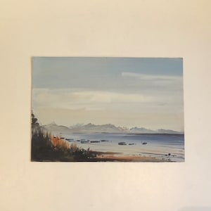 Miniatura vintage de pintura al óleo alemana: Serenas montañas bávaras, lago, río y orilla, firmada por Josef N. Jochen Sengfelder, Baviera, Alemania, 91, n.° 6