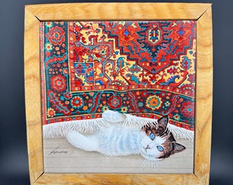 1982 Vandor Lowell Herrero Cat Wall Hanging Tile Wall Art Blued Eyed Cat on Persian Rug Feline Decor Crazy Cat Lady Gift