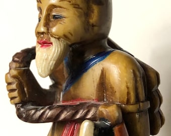 Antique Chinese Hardstone Sculpture Chinese Fisherman or Farmer Holding Rope & Axe 1900s Polychrome Miniature AS IS