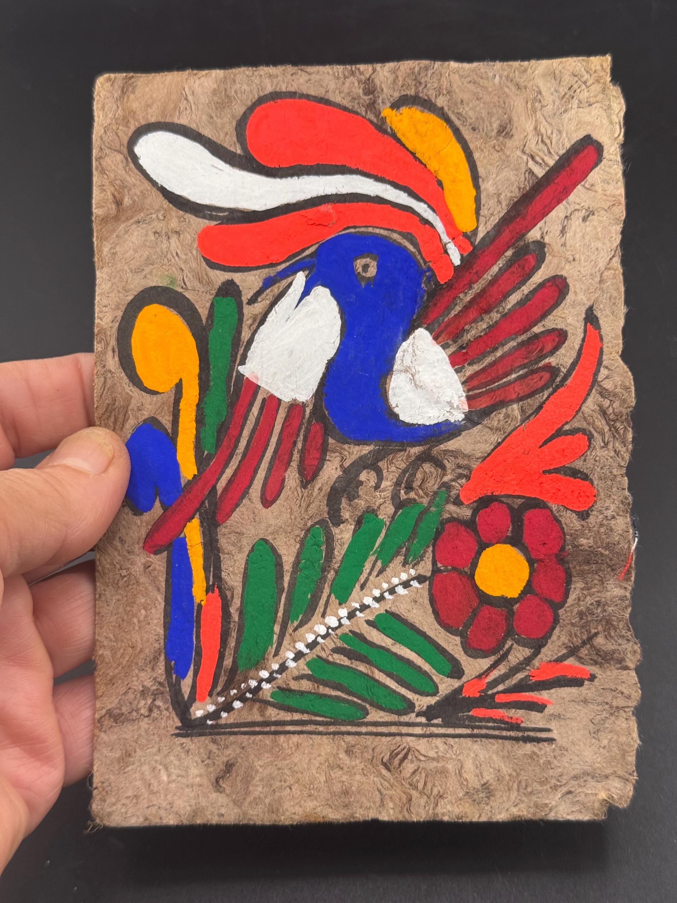 La Forêt Vosgienne 手彩色版画 Small Vtg Amate Bark White Flowers Pink Bird Painting Mexican Folk