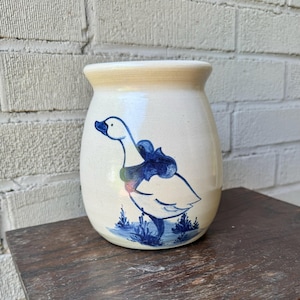 Vintage Stoneware Utensil Holder Kitchen Canister Crock Blue Duck Goose Primitive Vase Farmhouse Country Kitchen Farm Table Lodge Decor