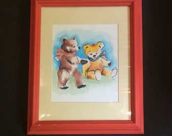 Original Vintage Watercolor of Teddy Bears Baby Whimsical Playful Nursery Wall Decor Signed Lisa 2003