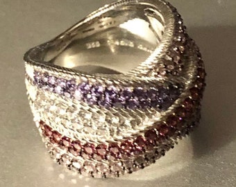 Vintage Judith Ripka Ring Wide Woven Multi Band Size 6 Pink and Lilac Stones