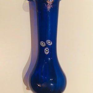 Antique Tall Blown Glass Art Nouveau Bohemian Vase Ruffled Gilt & Enameled Victorian Bud Vase Cobalt Blue Glass Collection