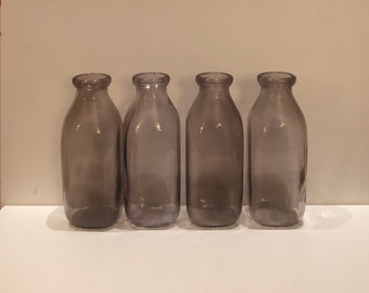 4 Antique Vintage Duraglas Amber Glass Milk Bottles Square Bottoms FarmHouse Primitive Farm Table Kitchen Cabinet Storage Bud Vase Weed Pots