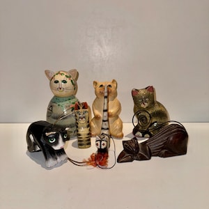 7 Whimsical Vtg Indonesian Folk Art Cat Statues Balinese Wood Indian Paper Mache Hand Painted Pretty Kitty Sculpture Cat Lady Starter Kit