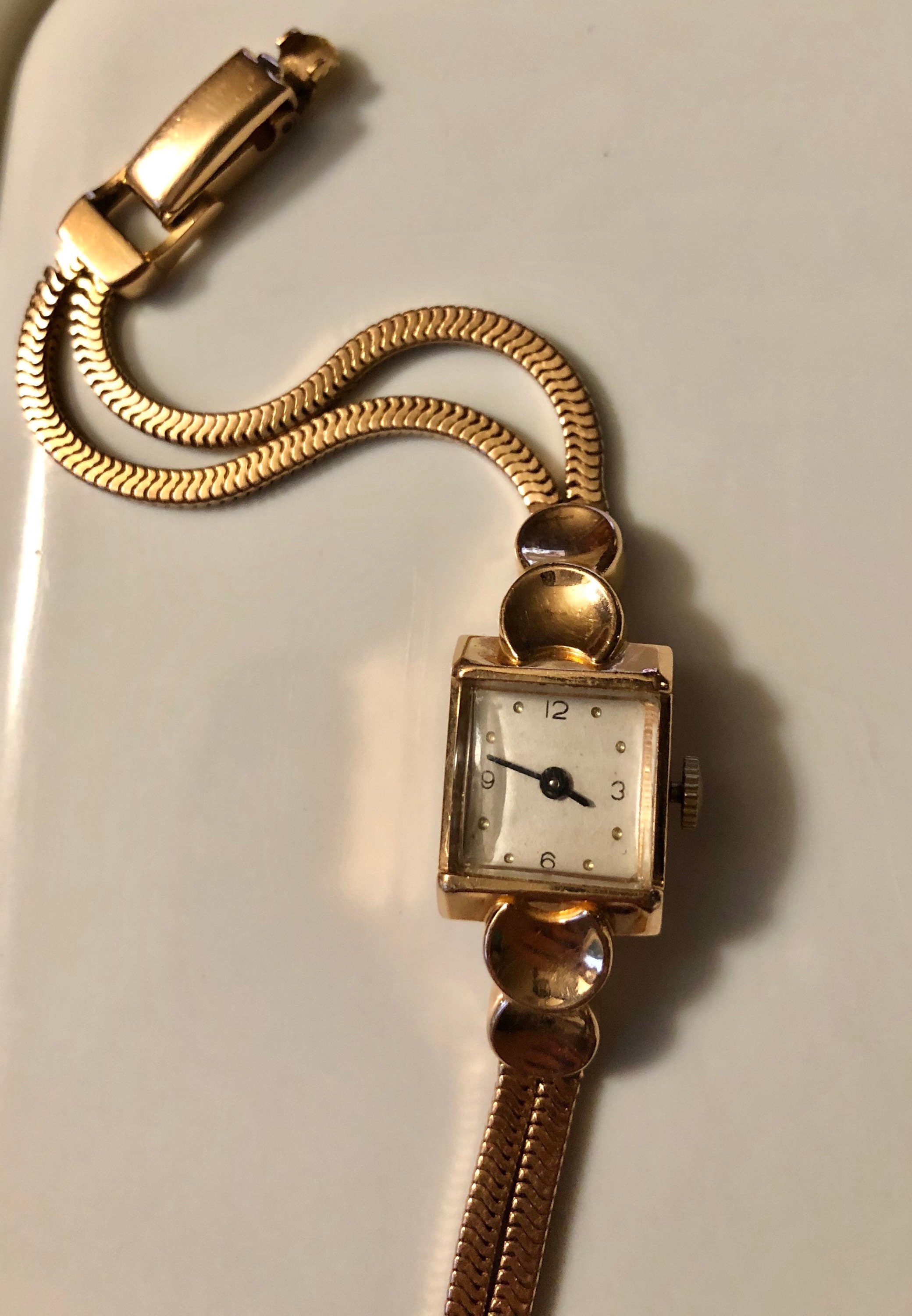 14K Rose Gold Deco Watch & Bracelet Band 17 Jewel Movement 19 Grams of Gold! Election Swiss Watch Movement MCM Retro Modern Pink Gold Chain