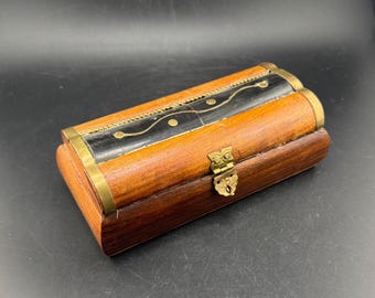 Vintage Hinged Wood & Horn Inlay Box Miniature Treasure Chest Trinket Box Jewelry Box Saudi Arabia Mideastern Inlay Hinged Trinket Chest