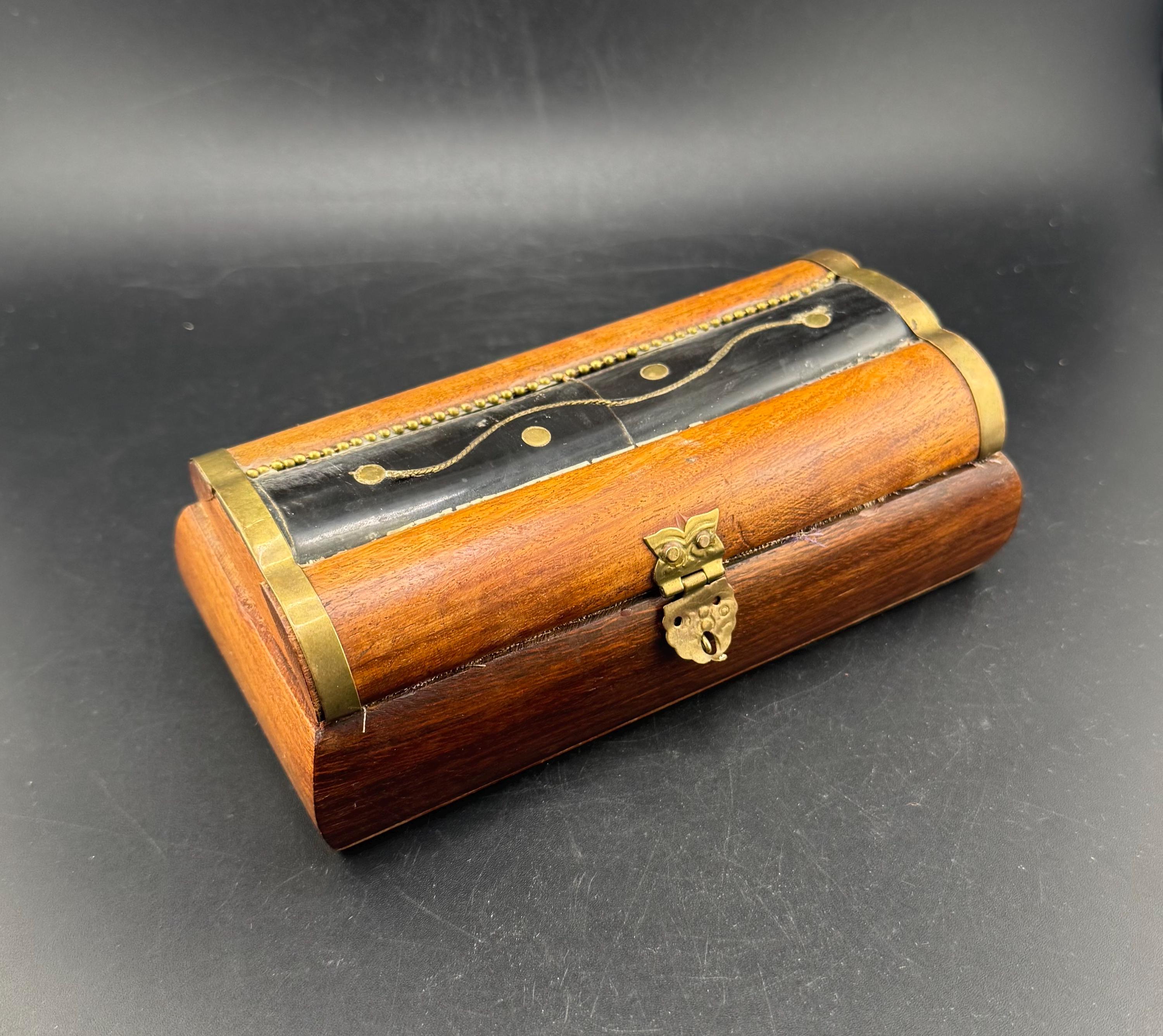 Vintage Hinged Wood & Horn Inlay Box Miniature Treasure Chest