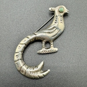 Vintage Mexican Silver Figural Quetzal or Pheasant Bird w Turquoise Eye ca 1940s-50s