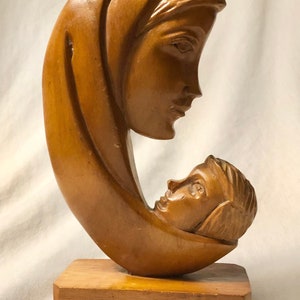 Vintage Wood Carving Mid Century MCM Sculpture Mother and Child Madonna & Jesus Bust Statuette