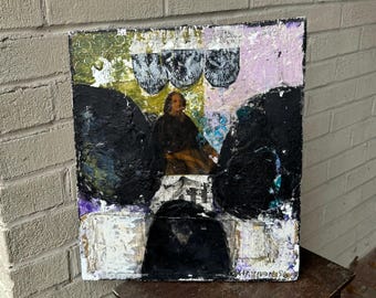 Vintage Collage Painting on Wood Signed Abstract Folk Art Outsider Art Wall Hanging