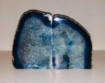 Brilliant Blue Banded Agate Bookends Geode Crystal Polished Quartz Agate Over 4 Pounds