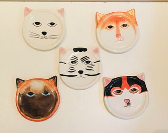 Set of 5 Handpainted Creamic CAT Coasters By Bandwagon