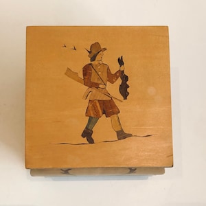 Vintage Reuge Music Box Italian Hunter Holding Rabbit Antlers Hunting Lodge plays Doctor Zhivago Lara’s Theme Wood Marquetry Inlay