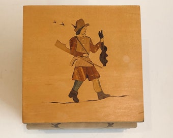 Vintage Reuge Music Box Italian Hunter Holding Rabbit Antlers Hunting Lodge plays Doctor Zhivago Lara’s Theme Wood Marquetry Inlay