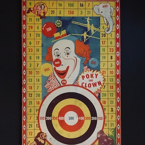 Big Vibrant Vintage Wyandotte Poky The Clown Lithograph Tin Toy Game Board Litho Wall Hanging Bullseye Circus Animals Party Decor AS IS
