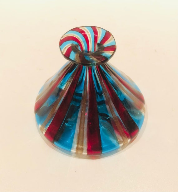 Sweetest Little Miniature Hand Blown Art Glass Bud Vase Aventurine Swirl w Teal Blue and Red Swirl or Perfume Bottle w no stopper