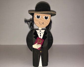 Vintage MCM Miniature Frank Meisler Wood Chassidic Rabbi Sculpture Israeli Folk Art Statue Doll Mid Century Israel Judaica