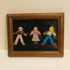 Adorable Little Framed Folk Art Applique Girls Dolls Floral Polka Dots Outsider Art Miniature Quilted Wall Hanging AS IS