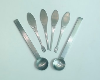 Vtg 6 Stück MCM Danish Modern Charcuterie Aperitif Cocktailparty Besteck Matte Edelstahl Zone Dänemark Minimalist Löffel Gabeln Messer