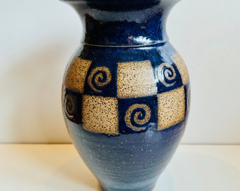 Vintage Blue Studio Pottery Vase 10” with Geometric Swirls Spirals Large Classic Shape Stamped KB Speckled MCM Style