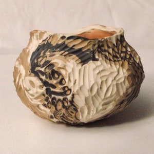 Unusual Small Vintage Ceramic Pot Art Pottery Vase Artist Signed NH Hand Thrown Textured Earth Tones Swirl Miniature Flower Pot Vase