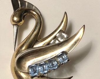 Very Rare Marcel Boucher Swan Brooch Sterling Vermeil ca 1930s-40s early Phrygian Cap Cartouche Hallmark Emerald Cut Aquamarine Crystals