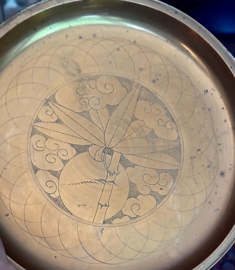 Fresh Look at Vtg Engraved Korean Brass Tray Etched Bamboo Plate Dong Wha