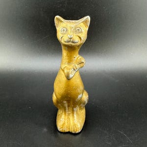 Fabulous Vintage MCM Metal Cat Figurine Modernist Kitty Statue Big Eyed Long Necked Bow Tie Wearing Anthropomorphic Feline Figure As Is