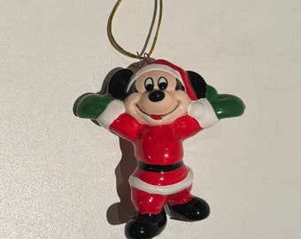 Vintage 80s Mickey Mouse Santa Christmas Tree Ornament Schmid   Walt Disney Prod Hand Painted Korea Whimsical Stocking Filler