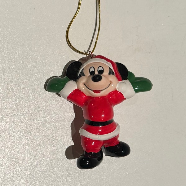 Vintage 80s Mickey Mouse Santa Christmas Tree Ornament Schmid   Walt Disney Prod Hand Painted Korea Whimsical Stocking Filler