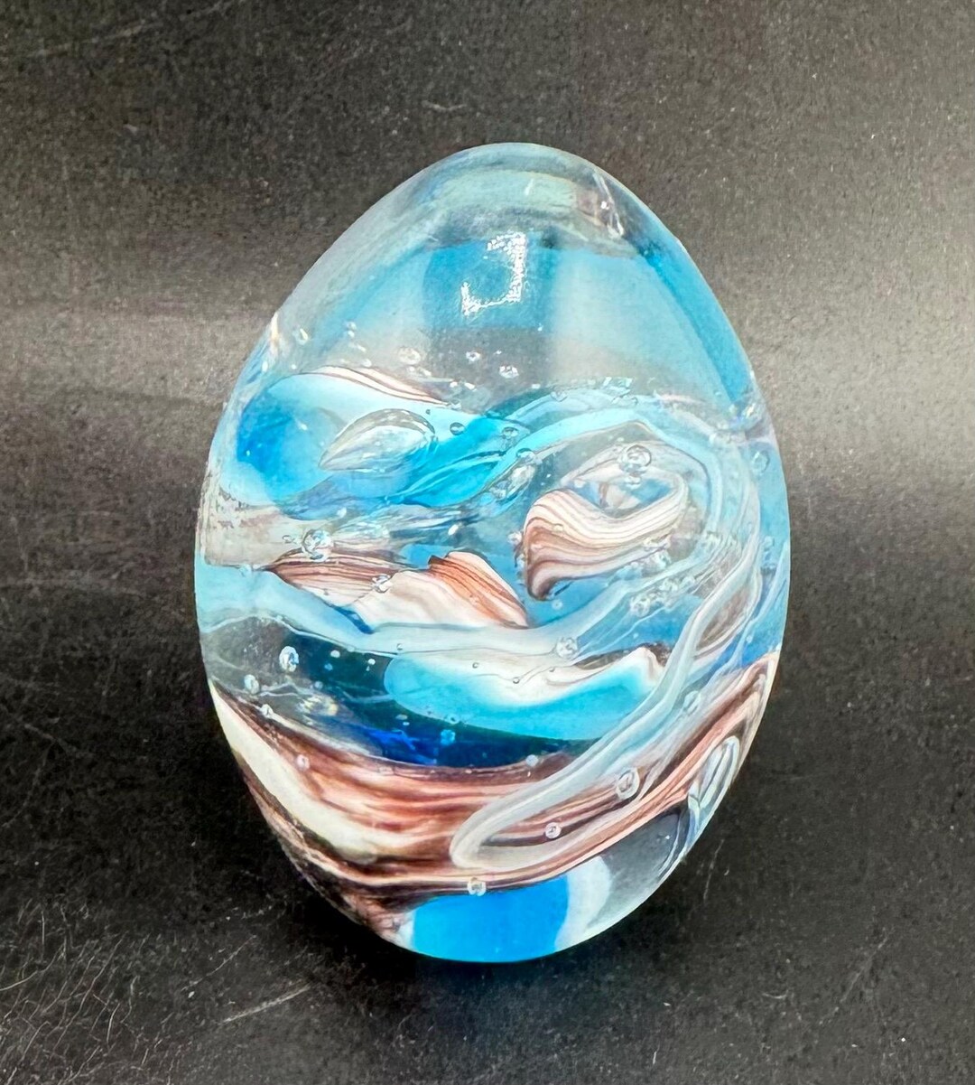 Vintage Art Glass Paperweight Egg Ocean Storm Blue Swirl & Bubbles by ...