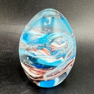 Vintage Art Glass Paperweight Egg Ocean Storm Blue Swirl & Bubbles by Dynasty Gallery Heirloom Collectibles Office Decor