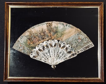 Antique French Rococo Fan Georgian Victorian 1800s Courting Scene Painting Carved Abalone Mother of Pearl Gold Gilt Folding Fan Shadowbox