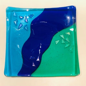 Vintage Fused Art Glass Square Plate Signed Fawn Post Modern Geometric Slump Glass Sculpture Plate Cobalt Blue & Green Raised Triangles