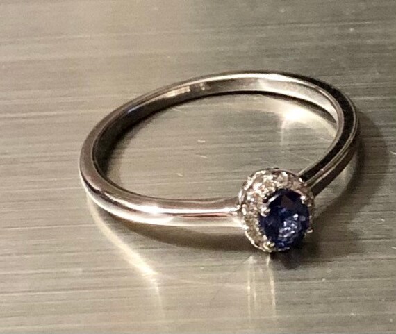 Vintage Sapphire Diamond Halo Ring Sweet 14K Whit… - image 3