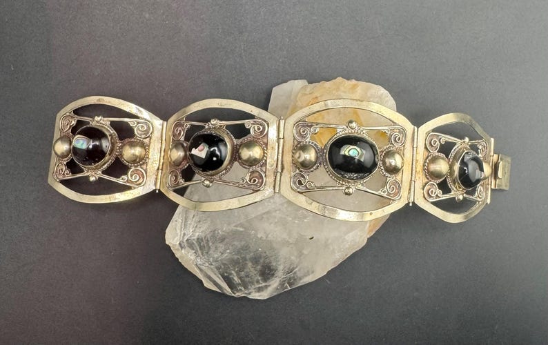 Magnífica pulsera vintage de abulón de ónix mexicano, brazalete de ónix mexicano, hecho en México, 29,9 g imagen 3
