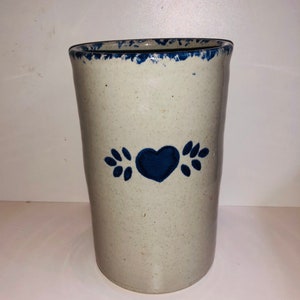 Ceramic Spongeware Utensil Canister Blue Heart Stoneware Utensil Crock Farmhouse Country Kitchen Farm to Table Decor Primitive Antique Style