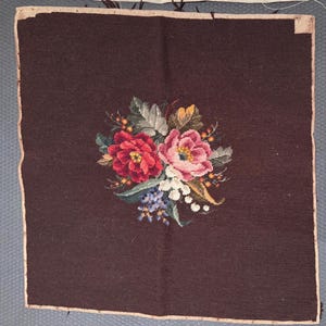 2 Vintage Floral Hand Embroidered Red Roses Needlepoint Seat Cushion or Throw Pillow Panels Wall Hangings Mostle Finished Grand Millennial