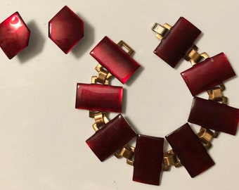 Ensemble bracelet et boucles d'oreilles en cuivre émaillé rouge cramoisi MCM moderne du milieu du siècle dernier Ensemble de bracelets en cuivre émaillé vintage