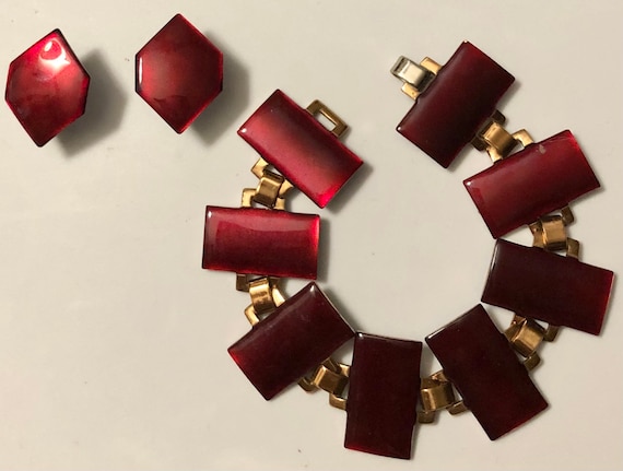 Midcentury Modern MCM Crimson Red Enamel on Copper Bracelet and Earrings Set Vintage Copper Enamel Bracelet Set